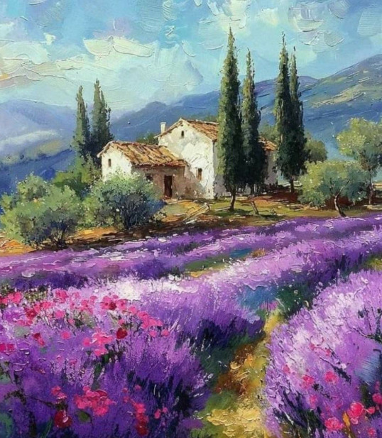 Painting of a cottage by cypress trees beside lavender fields with mountains in the background.