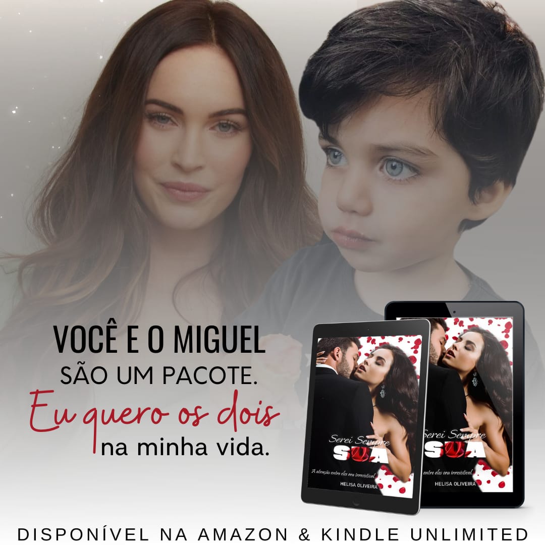 Collage of a woman and young boy with Portuguese text and a small romance book cover