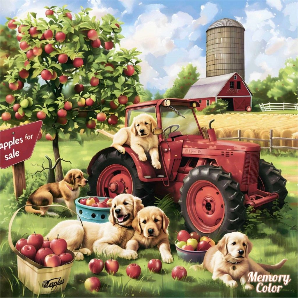 Golden retriever puppies with red tractor in apple orchard, farm barn and silo behind