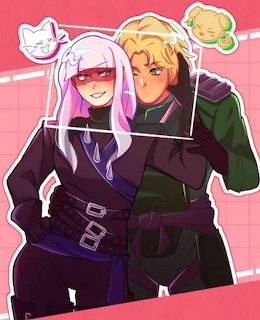 Illustration of Lloyd and Harumi from Ninjago standing side by side with sticker decorations on pink plaid background