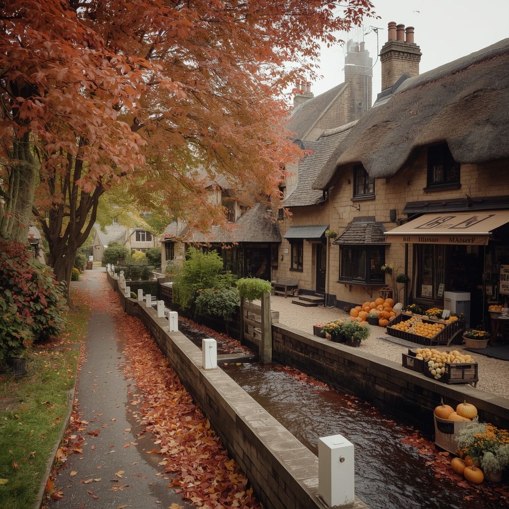Thatched cottages beside a narrow canal and autumn path with orange leaves and pumpkins