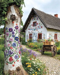 Zalipie village cottage decorated with colorful painted flowers on white walls