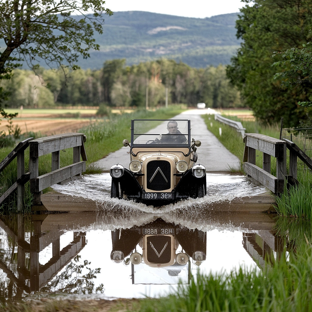 Classic vintage car crossing a flooded wooden bridge with mountain landscape behind