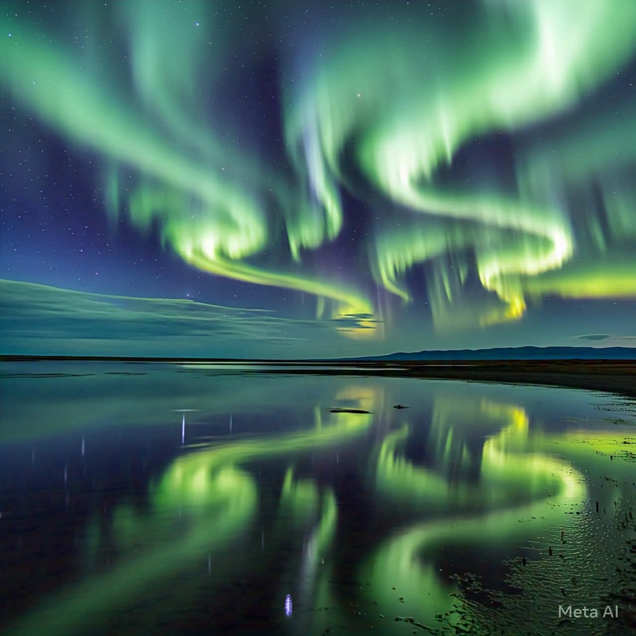Green northern lights over calm water with reflections at night
