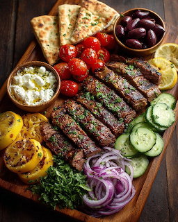 Wooden board with sliced grilled steak surrounded by Mediterranean sides including vegetables, olives, feta, and pita