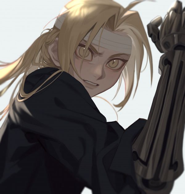 Anime illustration of Edward Elric with blonde hair, golden eyes, black coat, and automail arm