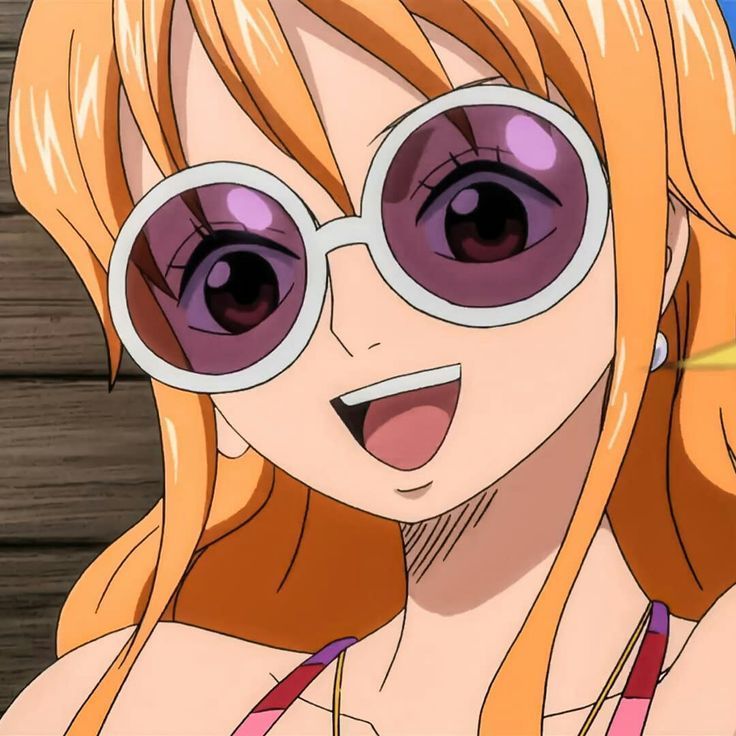 Anime girl with orange hair, purple eyes, round glasses, smiling happily