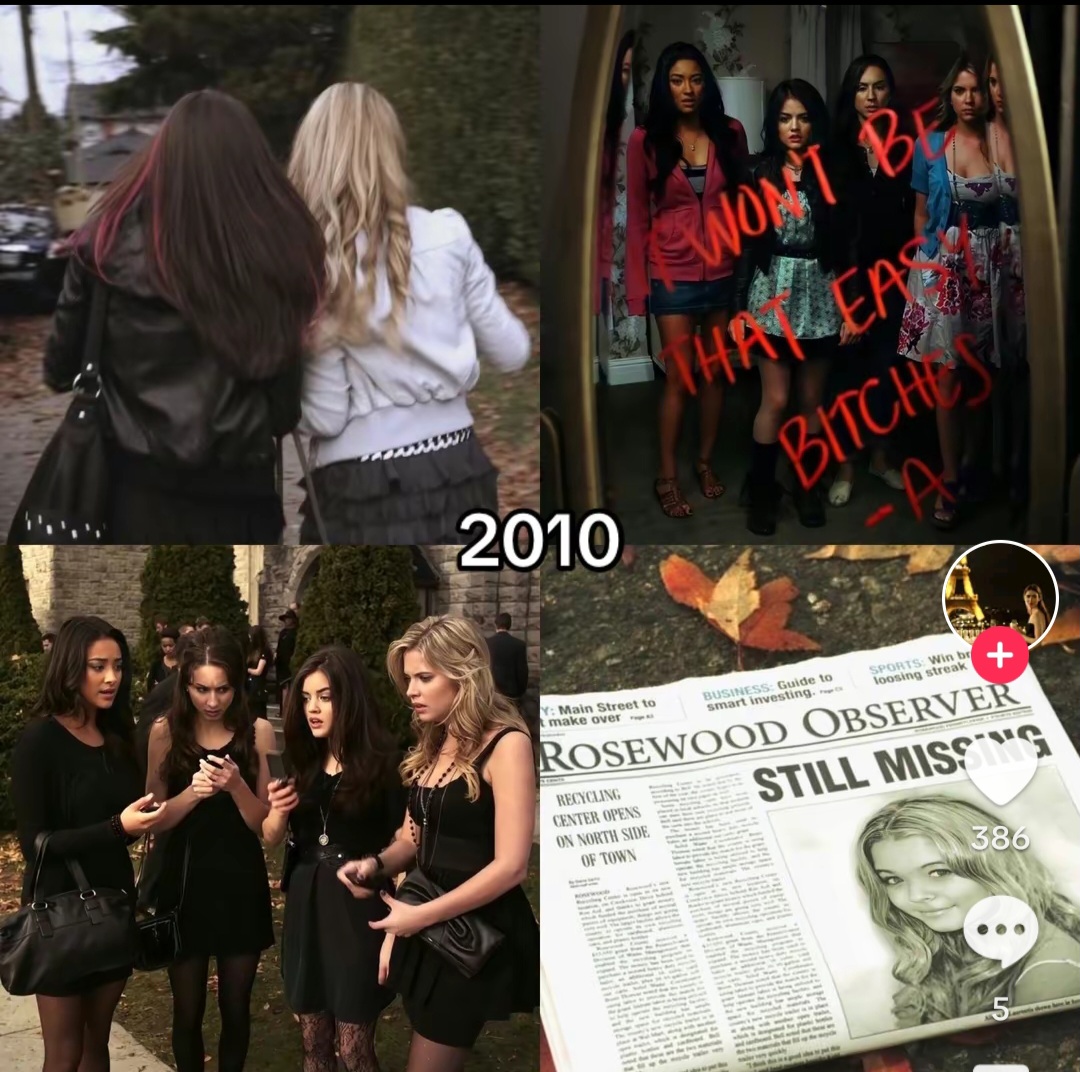 Collage of Pretty Little Liars scenes with four young women, a newspaper, and red mirror writing