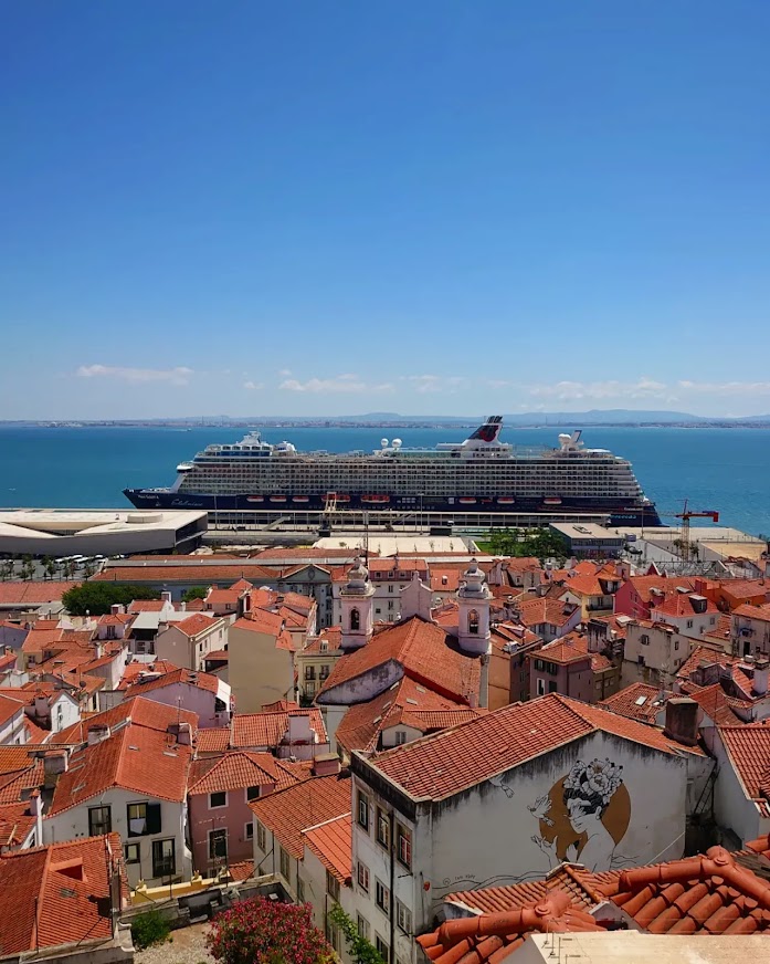 Miradouro de Santa Luzia viewpoint in Lisbon with tiled walls and river view