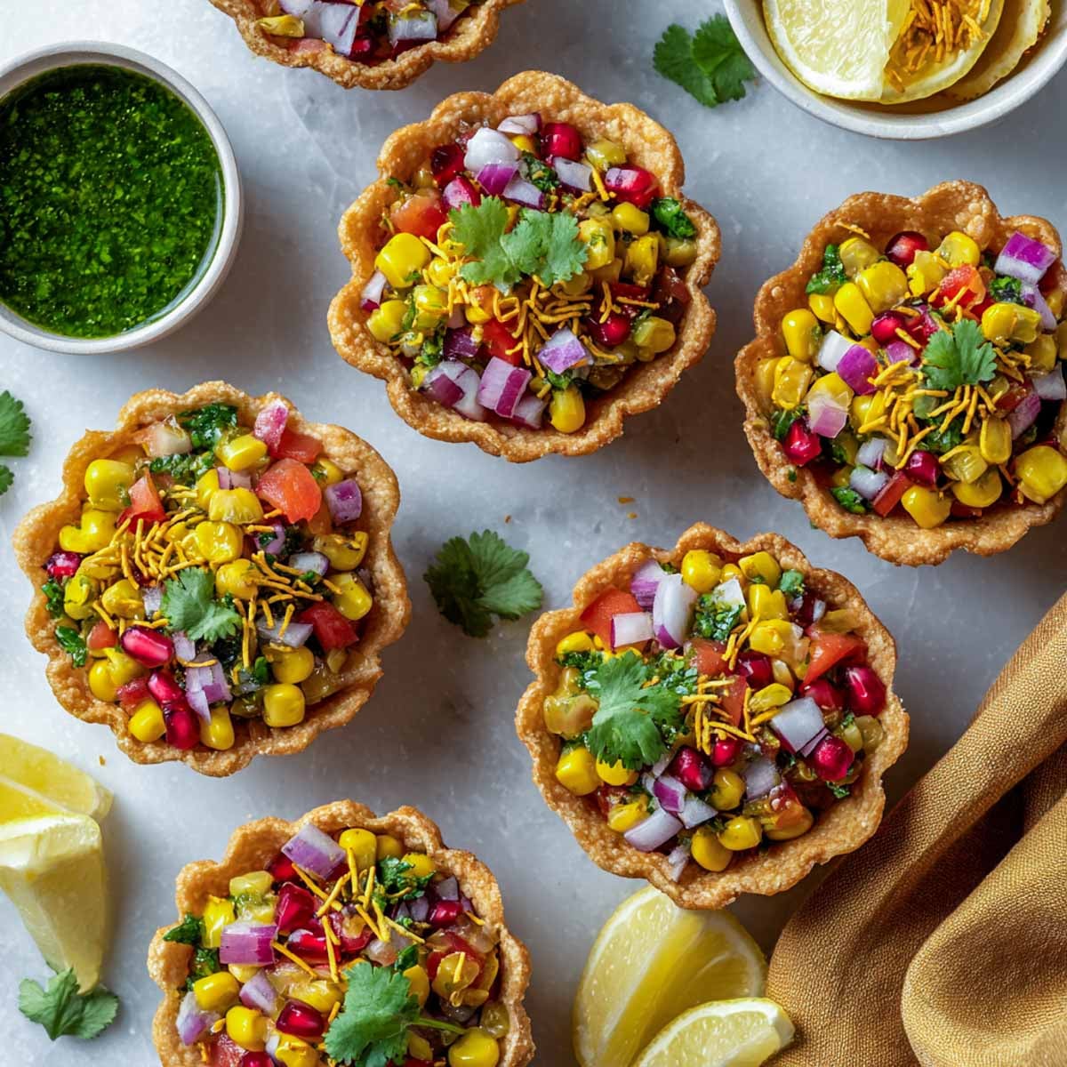 Overhead view of crispy cups filled with colorful corn chaat and garnishes