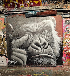 Black and white street art mural of a gorilla face with a pensive expression in a graffiti tunnel
