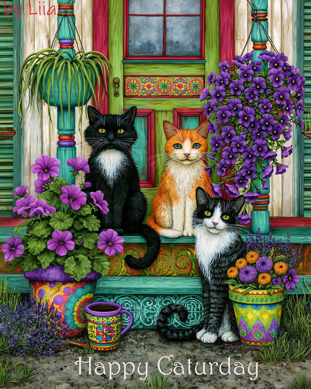 Three cats on a colorful porch surrounded by potted purple and yellow flowers