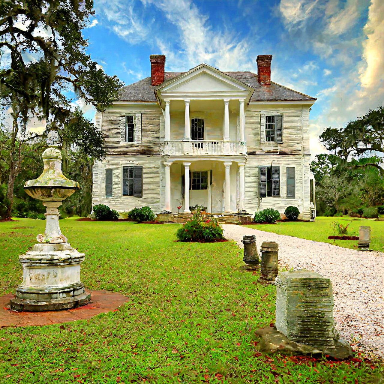 White columned Southern mansion with red chimneys on green lawn with ornamental fountain and trees