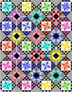 Colorful patchwork quilt pattern with pinwheel stars in squares surrounded by geometric triangles