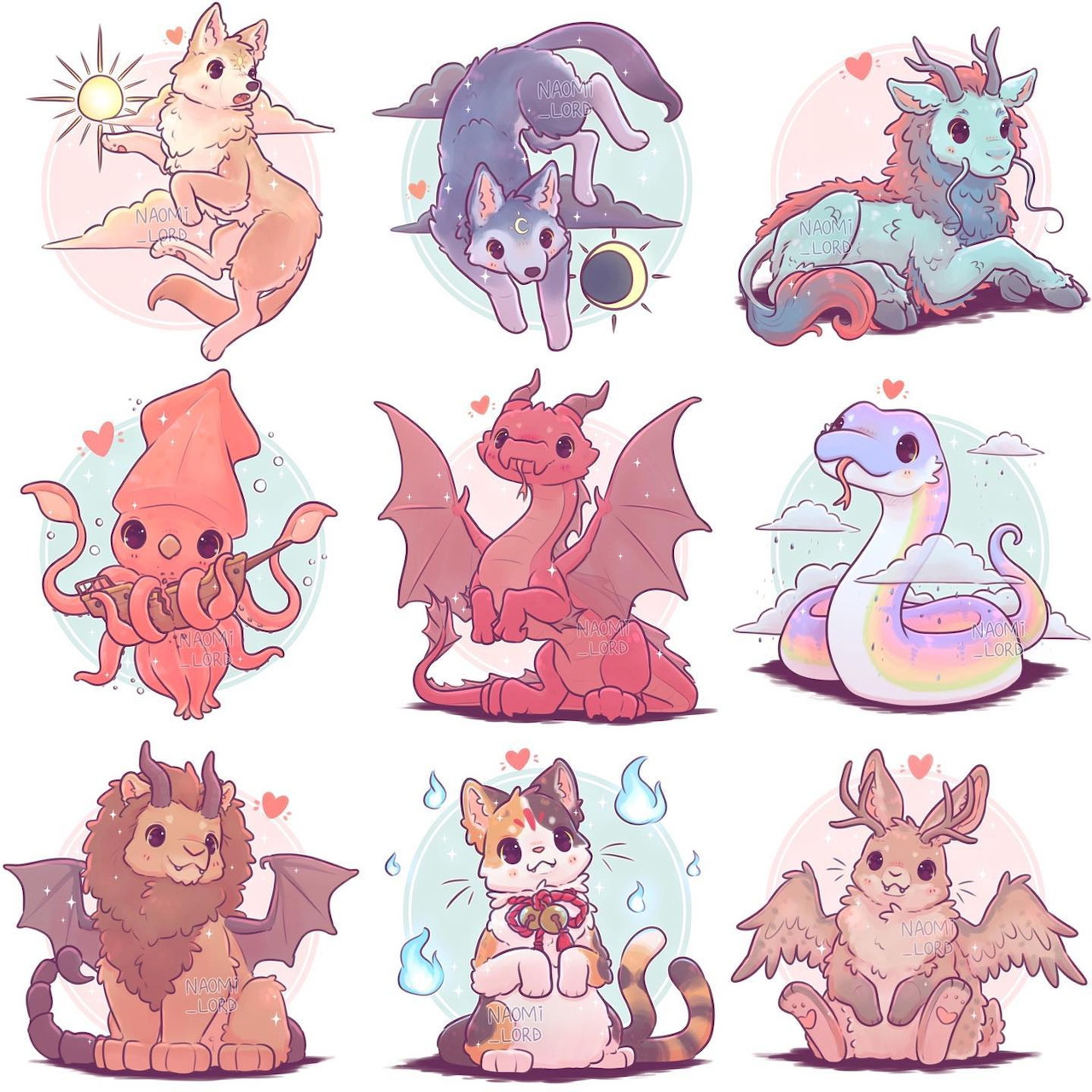 Nine cute illustrated fantasy creatures in pastel colors arranged in a 3x3 grid including dragons, unicorn, and mythical animals