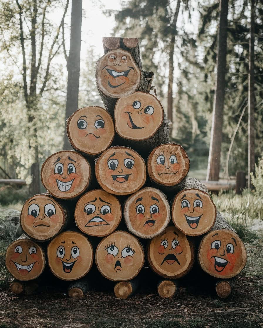 Stacked wooden log slices painted with cartoon faces in a forest