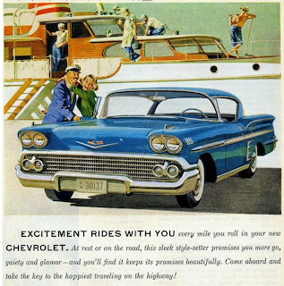 Blue 1958 Chevrolet Impala vintage advertisement with boats and people in background