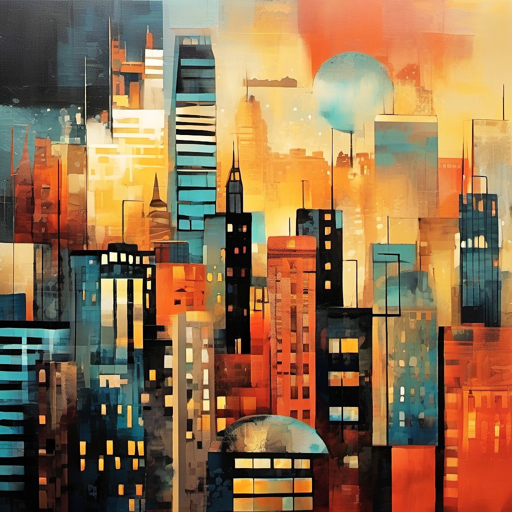 Abstract geometric painting of colorful city buildings at sunset with orange and teal tones