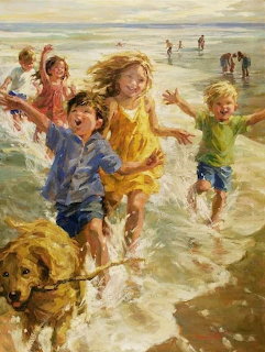 Impressionist painting of happy children splashing in beach waves