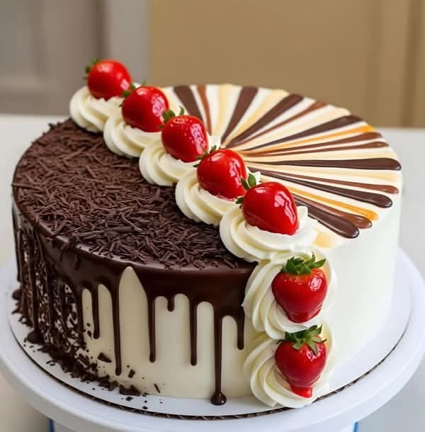 Chocolate drip cake topped with whipped cream, strawberries, and a striped chocolate fan
