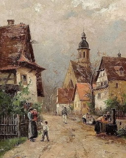 Oil painting of a European village street with timber-framed houses and a church steeple