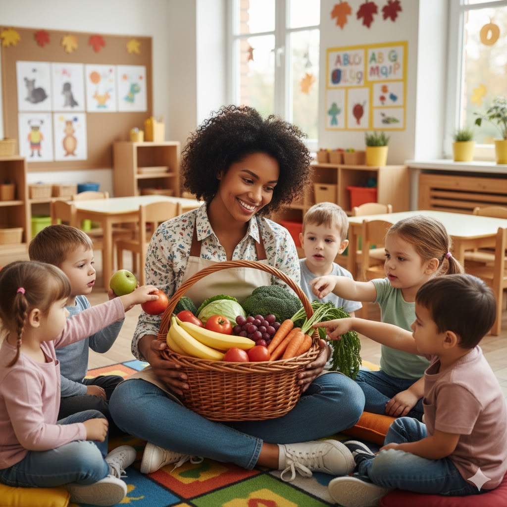 Teacher and children gathered around a basket of colorful fruits and vegetables in a classroom