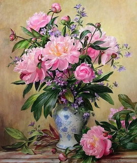 Painting of pink peonies and purple flowers in a blue and white porcelain vase