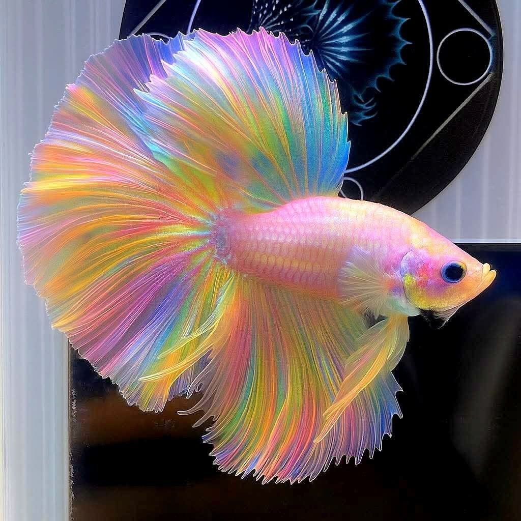 Pastel rainbow betta fish with large flowing fins against a dark background
