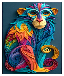 Colorful paper quilled monkey art with swirling rainbow patterns on teal background