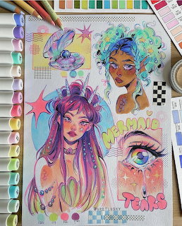 Colorful sketchbook page with fantasy girl illustrations, a detailed eye, fish, and mermaid tears text