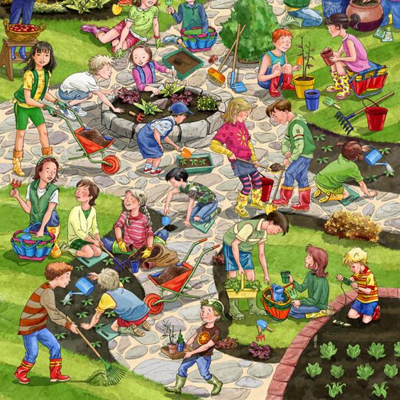 Illustrated overhead view of community members gardening together on stone paths with planted beds