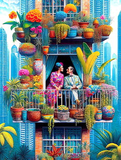Illustration of lush balcony garden with rainbow-colored plants and flowers on urban apartment building