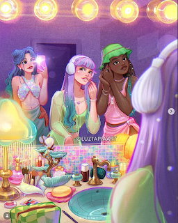 Illustration of three mermaids doing makeup at a lit vanity mirror with colorful beauty products