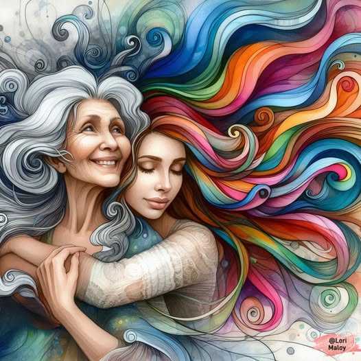 Colorful illustration of a mother and daughter hugging with flowing rainbow hair