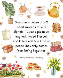 Illustrated collage of cozy items like teapot, cookies, candles, and flowers with a quote about grandma's house