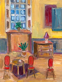Impressionist painting of a sunny yellow room interior with red chairs, wooden table, window, and houseplants