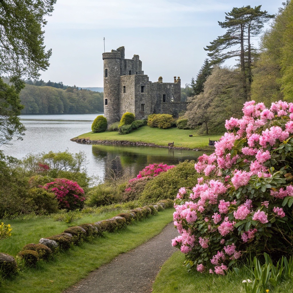 Stone castle tower beside loch with pink rhododendron flowers and garden path in Scotland