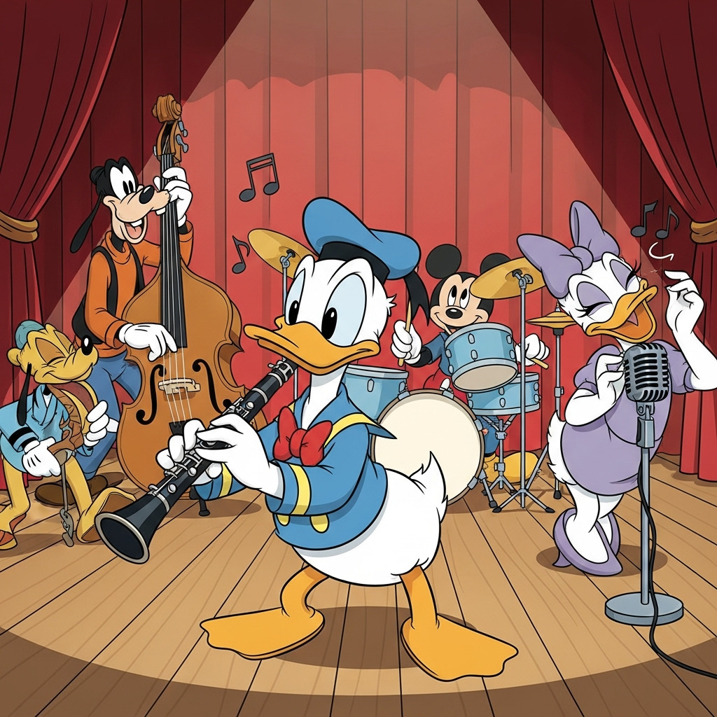 Donald Duck leading a jazz band with other Disney characters on stage