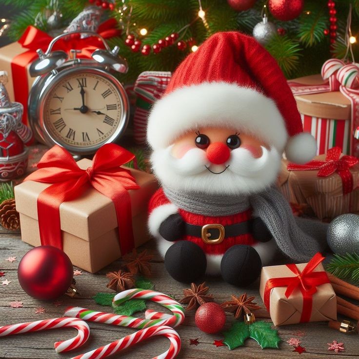 Cute Santa Claus toy with red hat among Christmas presents, candy canes, ornaments and pine branches