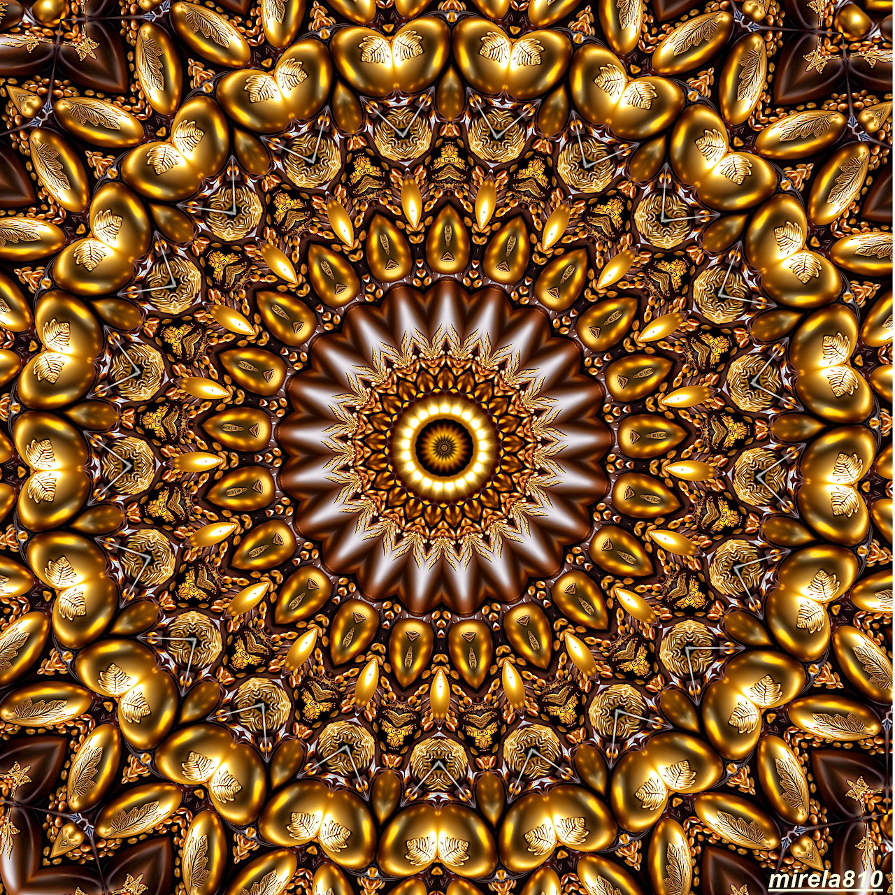 Ornate golden and brown circular mandala with symmetrical patterns and heart shapes radiating from center