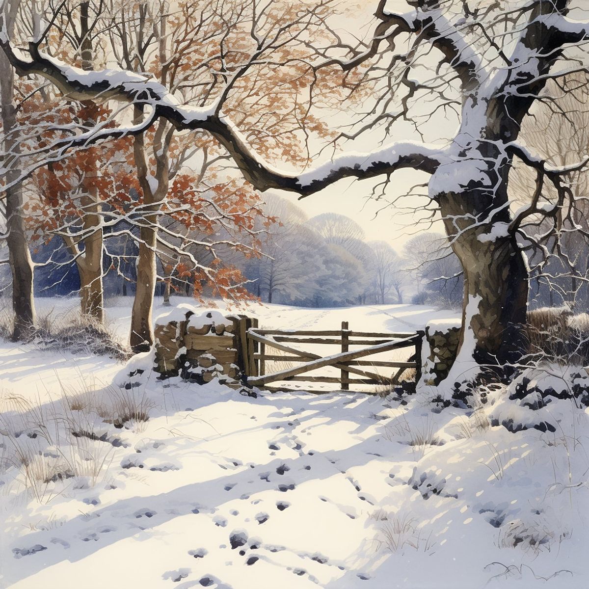 Snow-covered wooden gate between bare trees in a winter landscape with footprints in fresh snow