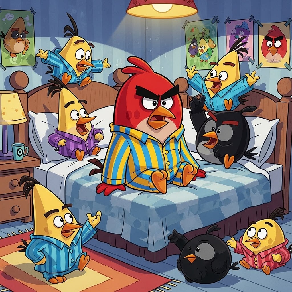 Angry Birds characters in pajamas gathered on and around a bed in a cartoon bedroom