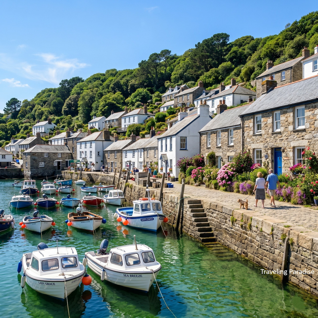 Coastal village harbor with white boats moored in turquoise water, stone cottages and green hillside