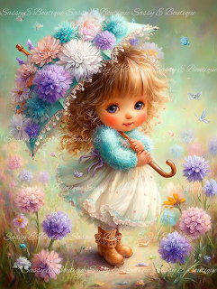 Cartoon girl with big eyes and blonde hair holding a flower umbrella in a field of colorful flowers and butterflies.