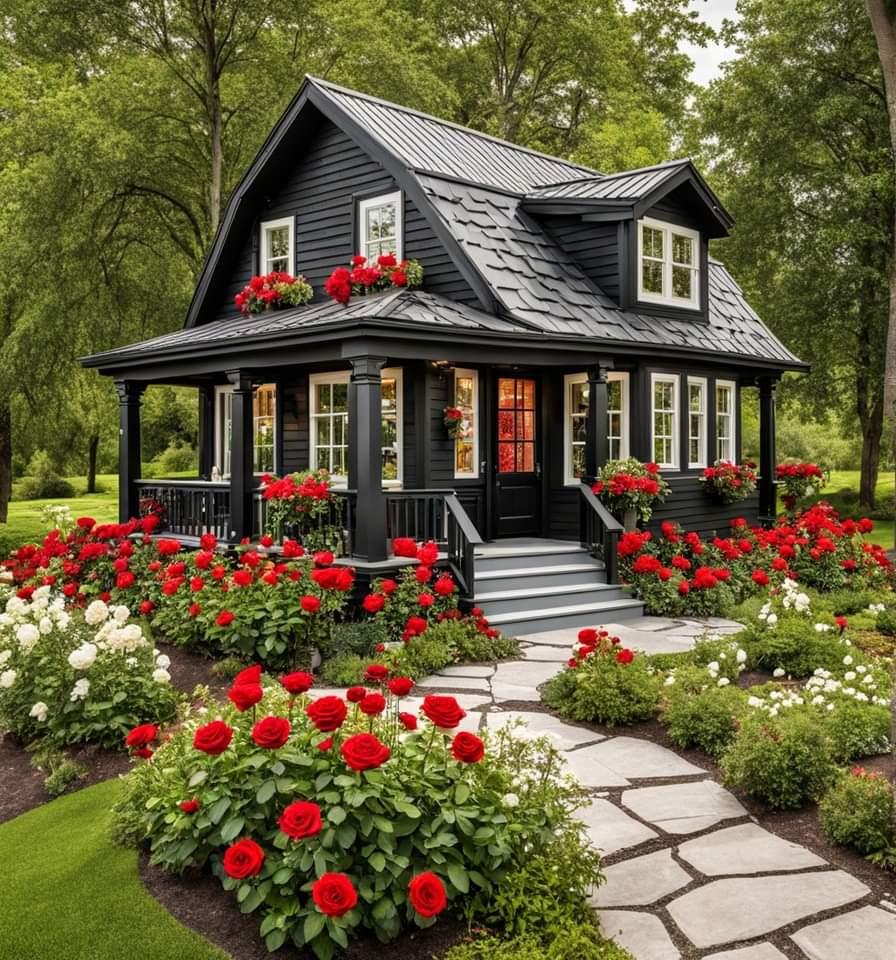 Black cottage with red flowers in window boxes and garden beds along a stone path