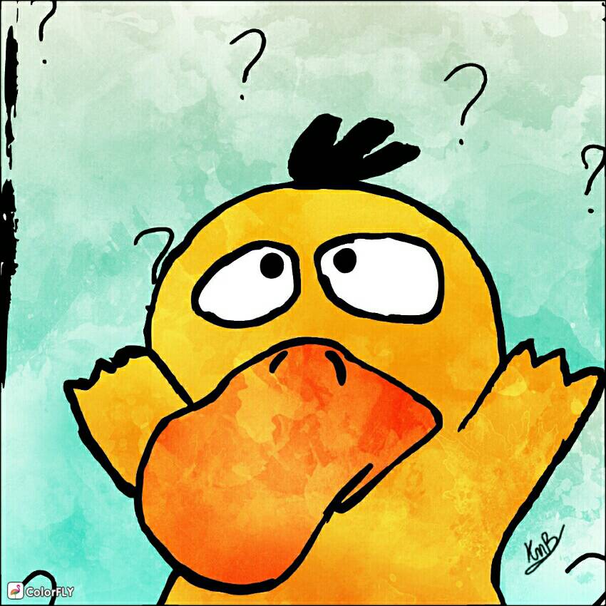 Cartoon Psyduck Pokemon character with confused expression and question marks on turquoise background