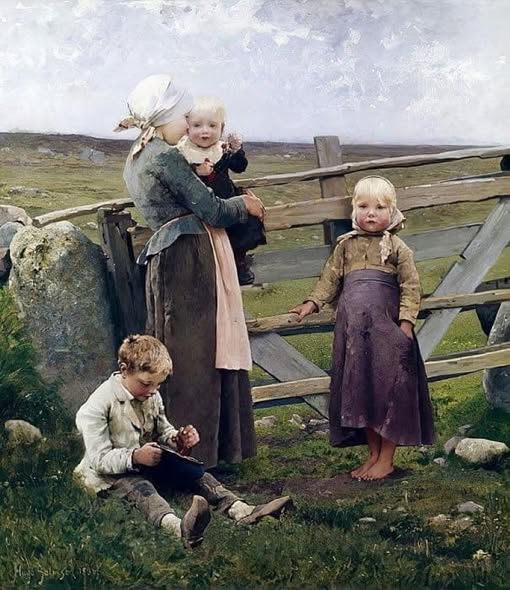 Woman with child at fence, cow and two children in rural scene, vintage painting style
