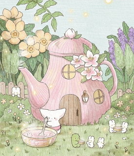 Watercolor illustration of pink teapot cottage with flowers, rabbit, and ducklings in garden