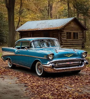 Turquoise 1957 Chevy Bel Air in front of log cabin with fall leaves