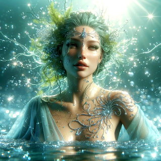 Fantasy portrait of woman with ornate jewelry and magical sparkles in teal and gold